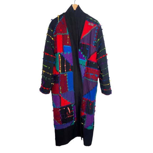 RARE! Vintage 90s COOGI Mens S Woven 3D Sweater Coat Long Duster Cardigan Black - Picture 16 of 16
